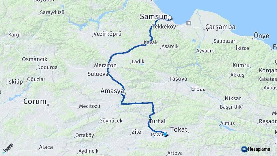 Tokat Pazar Samsun Arası Kaç Km - Yol Haritası
