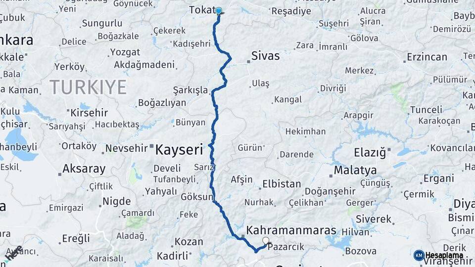 Tokat Pazarcık Kahramanmaraş Arası Kaç Km - Yol Haritası