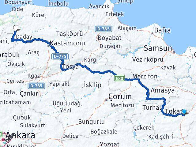 Tokat Pınarbaşı Kastamonu Arası Kaç Km - Yol Haritası