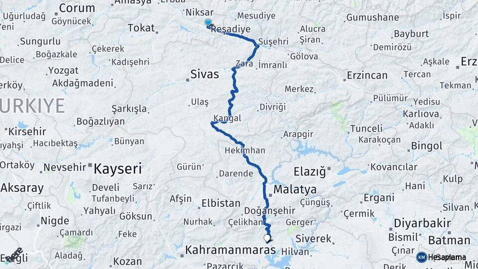 Tokat Reşadiye Adıyaman Arası Kaç Km - Yol Haritası