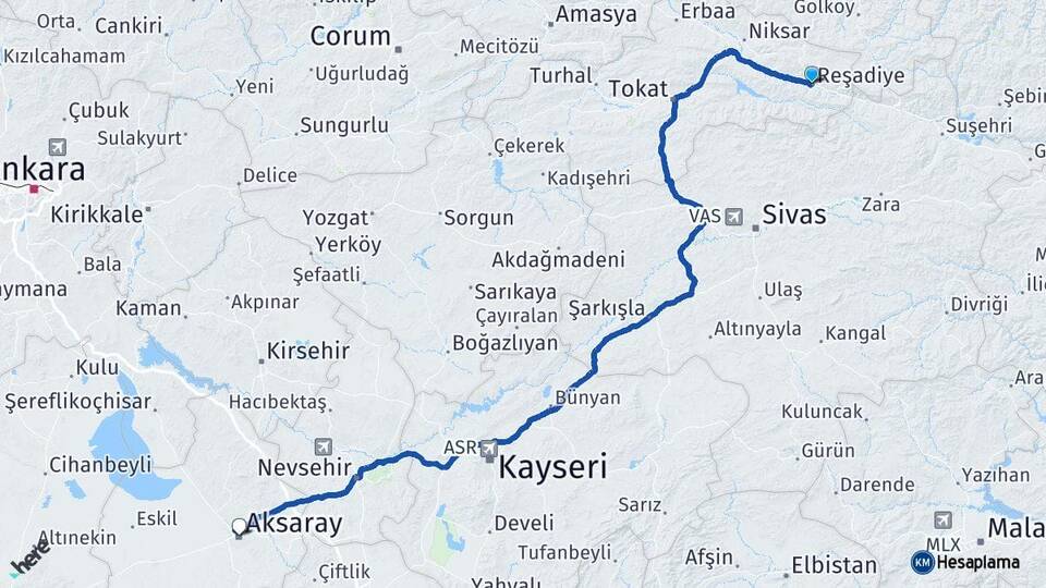 Tokat Reşadiye Aksaray Arası Kaç Km - Yol Haritası