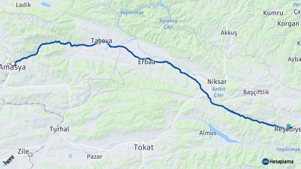 Tokat Reşadiye Amasya Arası Kaç Km - Yol Haritası