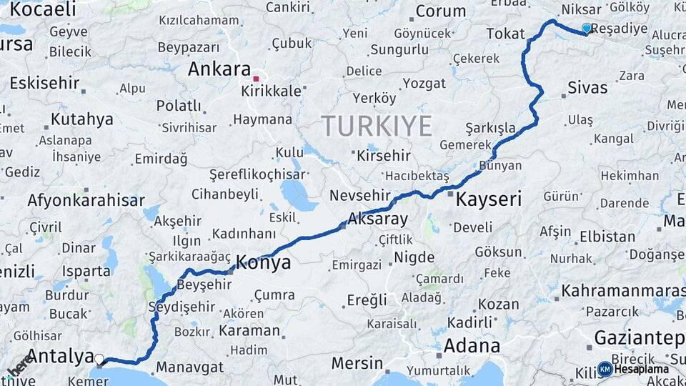 Tokat Reşadiye Antalya Arası Kaç Km - Yol Haritası