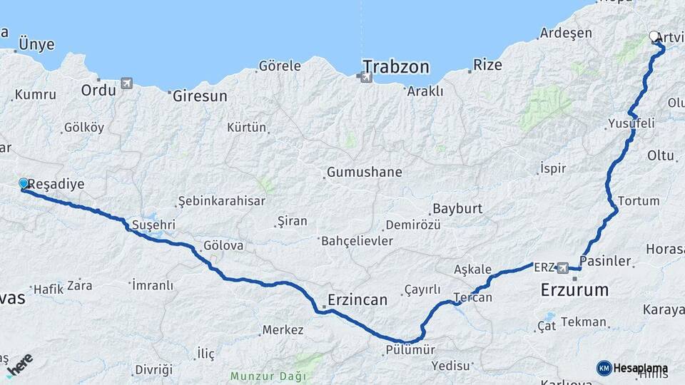 Tokat Reşadiye Artvin Arası Kaç Km - Yol Haritası