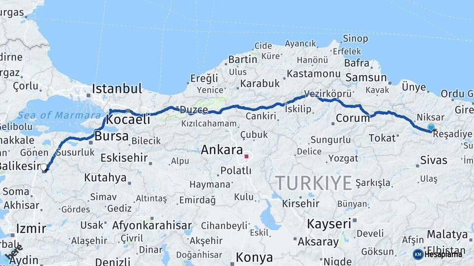 Tokat Reşadiye Balıkesir Arası Kaç Km - Yol Haritası
