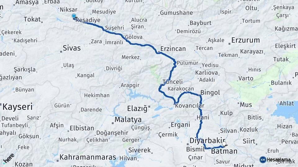 Tokat Reşadiye Batman Arası Kaç Km - Yol Haritası