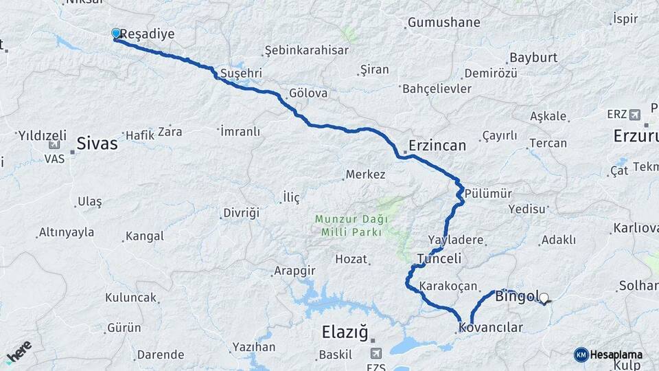 Tokat Reşadiye Bingöl Arası Kaç Km - Yol Haritası