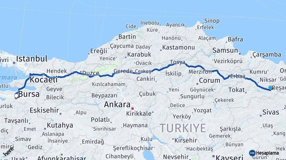 Tokat Reşadiye Bursa Arası Kaç Km - Yol Haritası