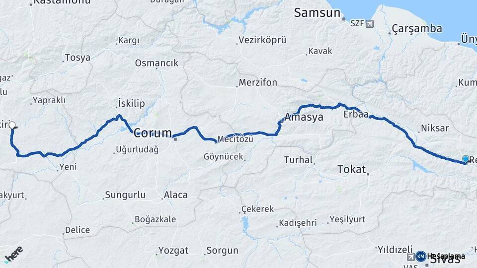 Tokat Reşadiye Çankırı Arası Kaç Km - Yol Haritası