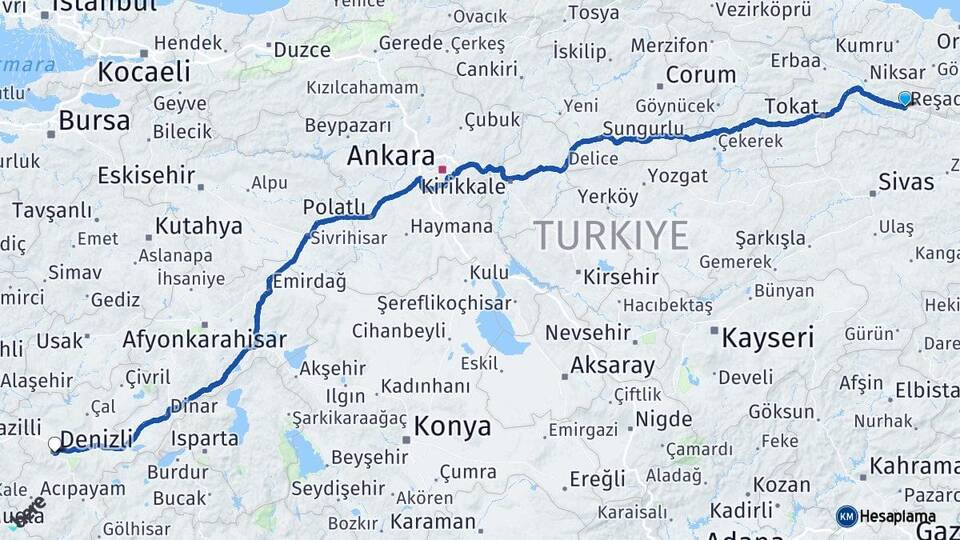 Tokat Reşadiye Denizli Arası Kaç Km - Yol Haritası