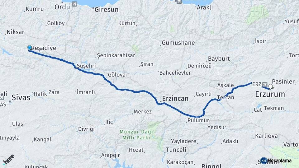 Tokat Reşadiye Erzurum Arası Kaç Km - Yol Haritası