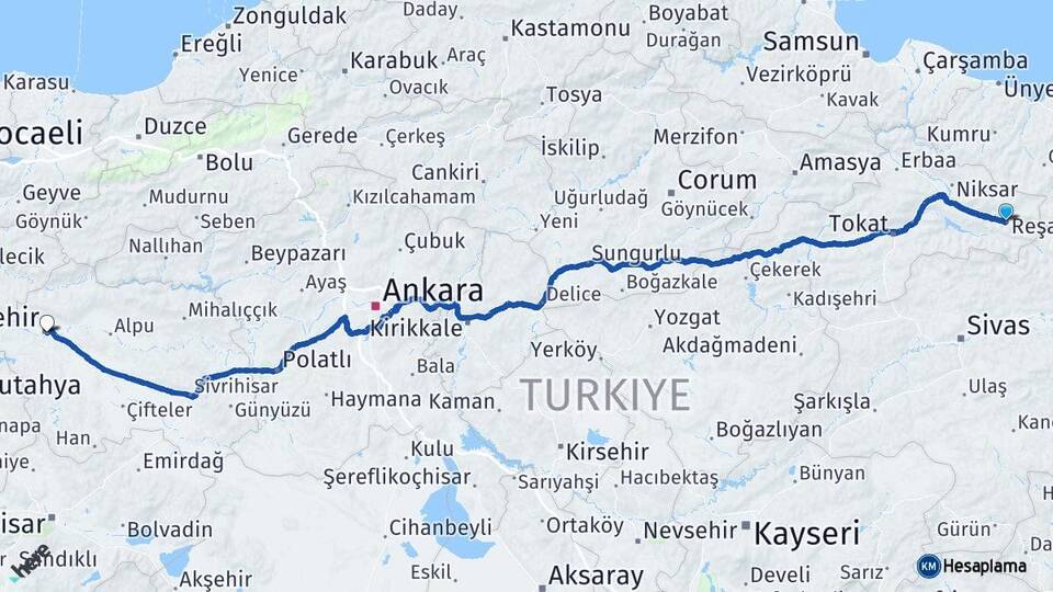 Tokat Reşadiye Eskişehir Arası Kaç Km - Yol Haritası
