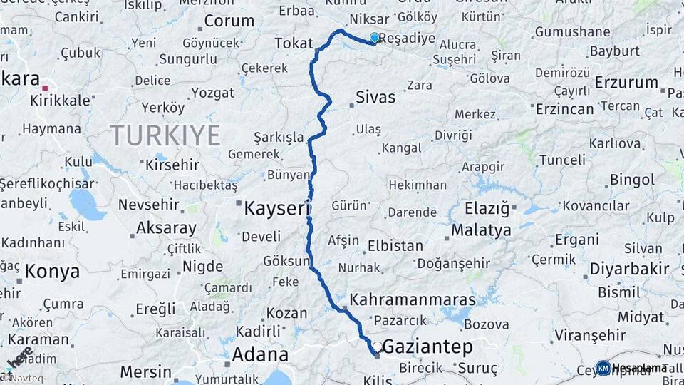 Tokat Reşadiye Gaziantep Arası Kaç Km - Yol Haritası