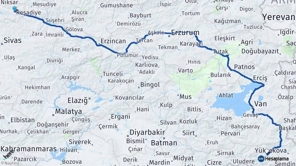 Tokat Reşadiye Hakkari Arası Kaç Km - Yol Haritası