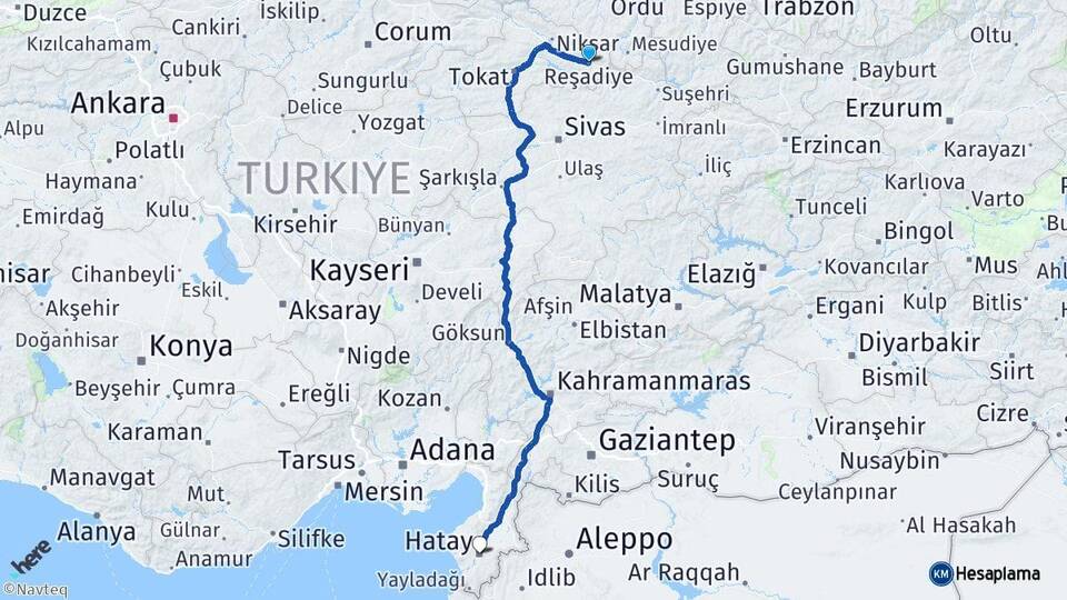 Tokat Reşadiye Hatay Arası Kaç Km - Yol Haritası
