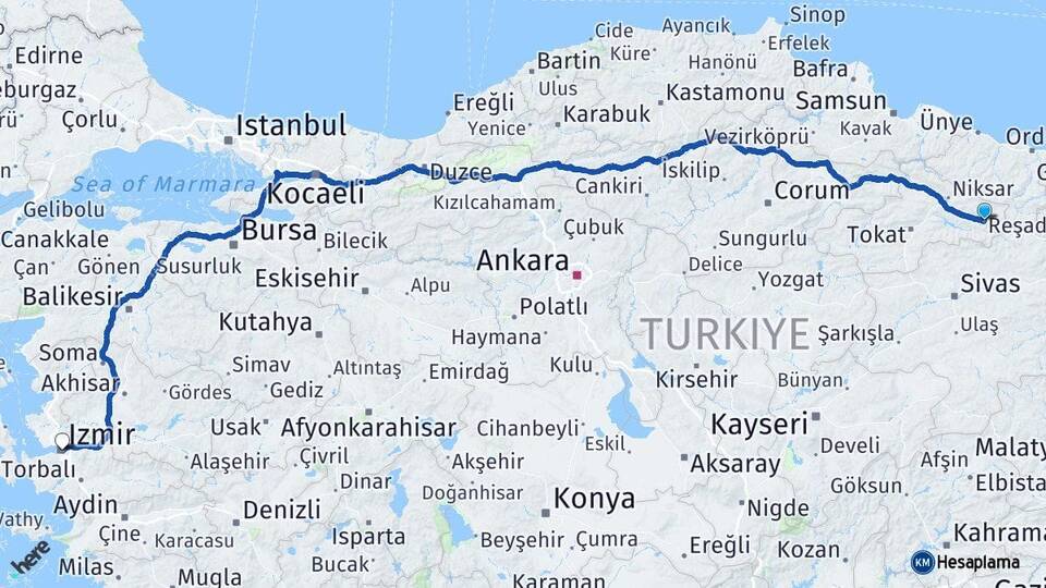 Tokat Reşadiye İzmir Arası Kaç Km - Yol Haritası