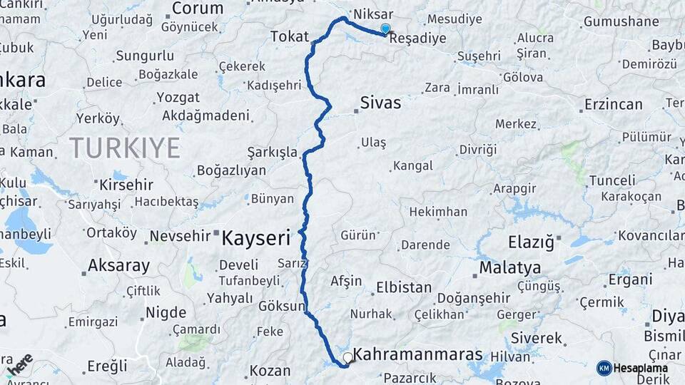 Tokat Reşadiye Kahramanmaraş Arası Kaç Km - Yol Haritası