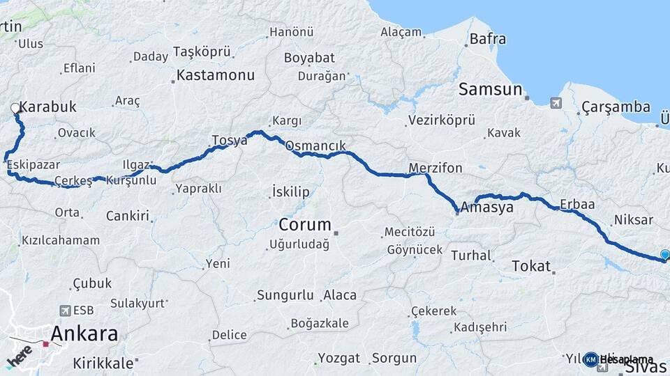 Tokat Reşadiye Karabük Arası Kaç Km - Yol Haritası