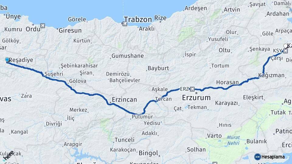 Tokat Reşadiye Kars Arası Kaç Km - Yol Haritası