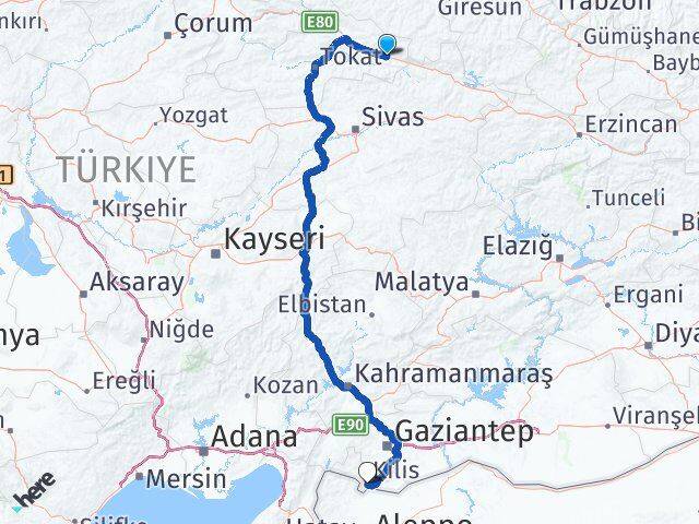 Tokat Reşadiye Kilis Arası Kaç Km - Yol Haritası