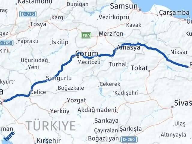 Tokat Reşadiye Kırıkkale Arası Kaç Km - Yol Haritası