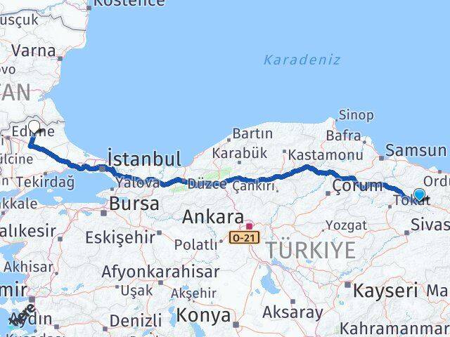 Tokat Reşadiye Kırklareli Arası Kaç Km - Yol Haritası
