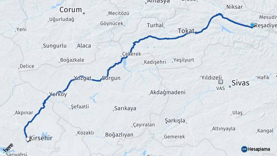 Tokat Reşadiye Kırşehir Arası Kaç Km - Yol Haritası