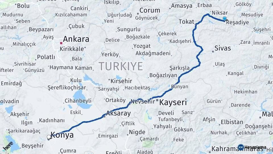 Tokat Reşadiye Konya Arası Kaç Km - Yol Haritası