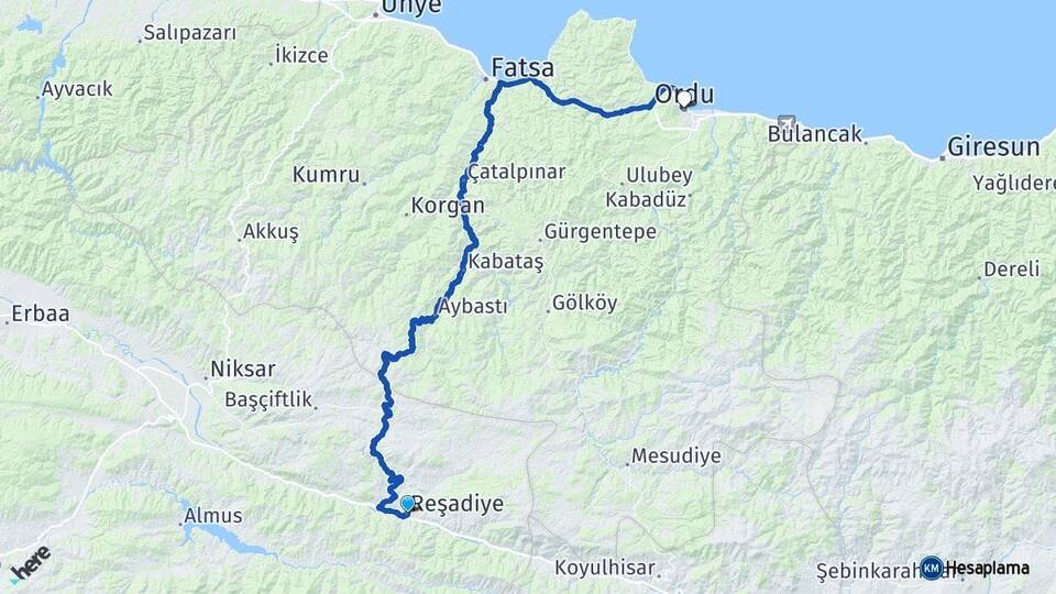 Tokat Reşadiye Ordu Arası Kaç Km - Yol Haritası