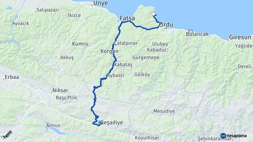 Tokat Reşadiye Perşembe Ordu Arası Kaç Km - Yol Haritası