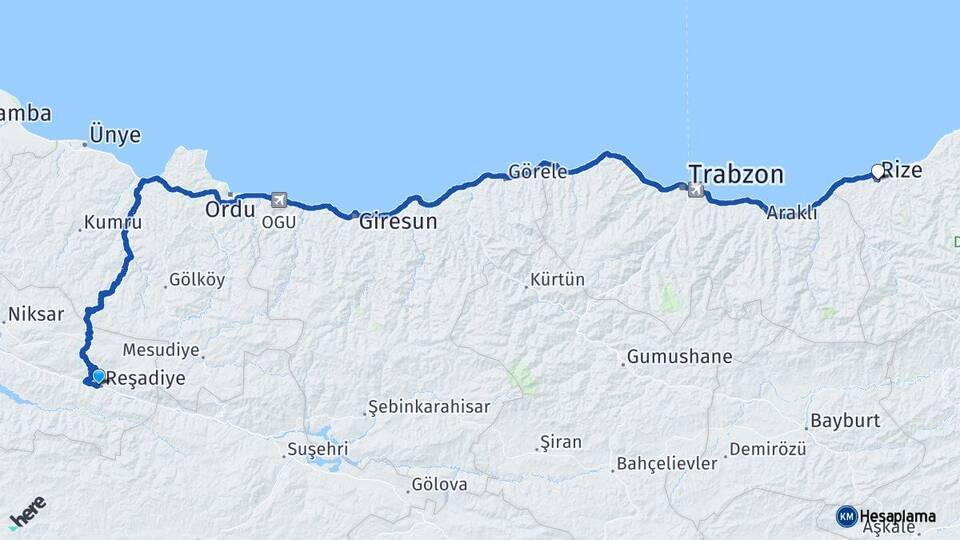 Tokat Reşadiye Rize Arası Kaç Km - Yol Haritası