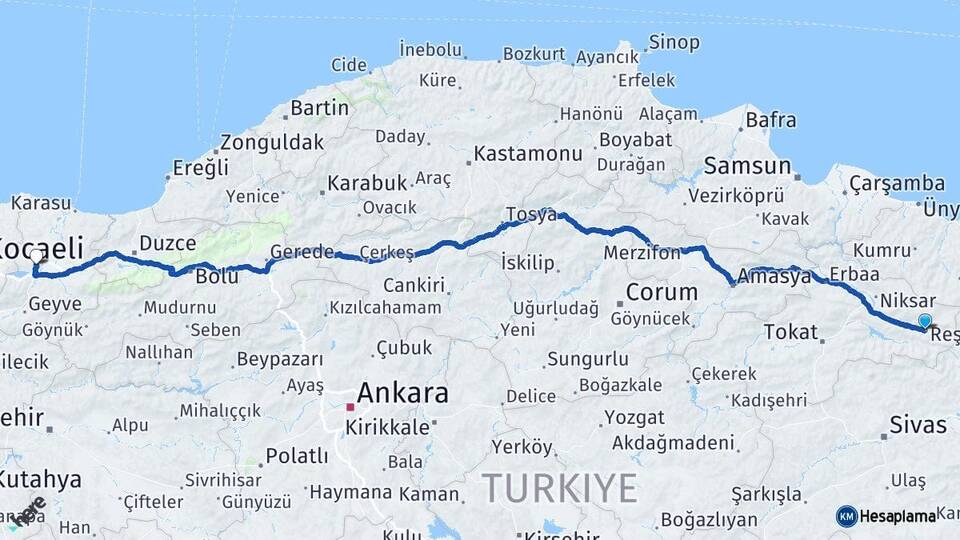 Tokat Reşadiye Sakarya Arası Kaç Km - Yol Haritası