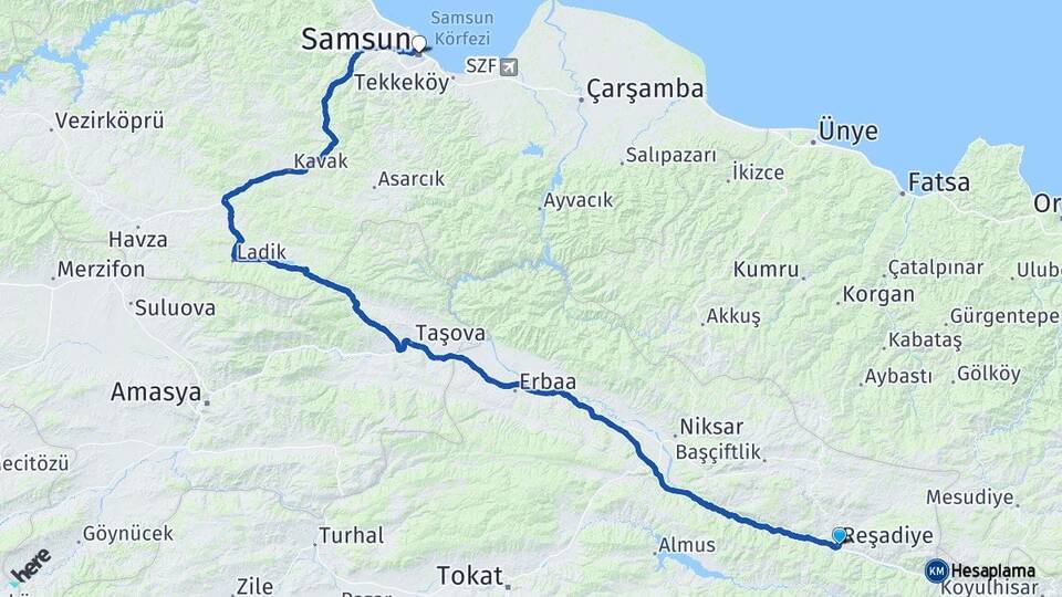 Tokat Reşadiye Samsun Arası Kaç Km - Yol Haritası
