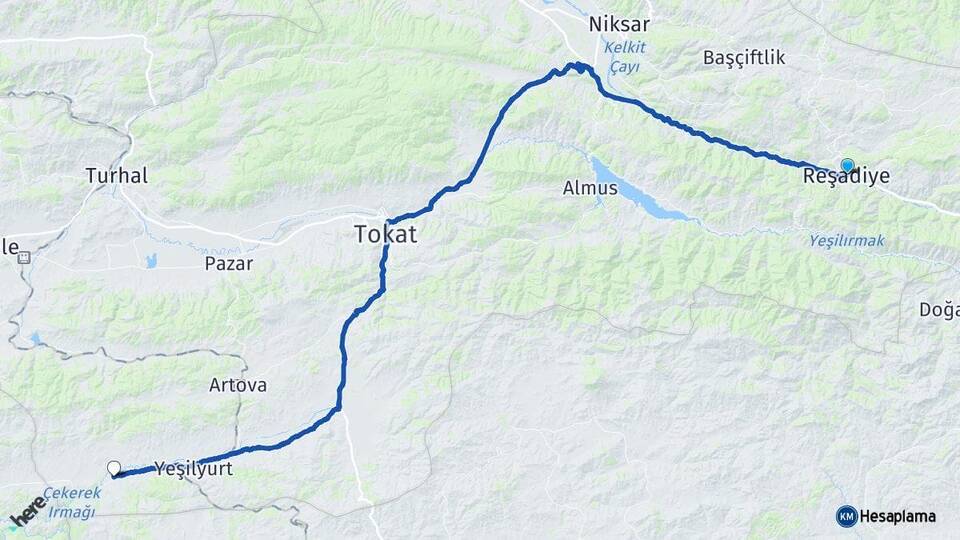 Tokat Reşadiye Sulusaray Arası Kaç Km - Yol Haritası