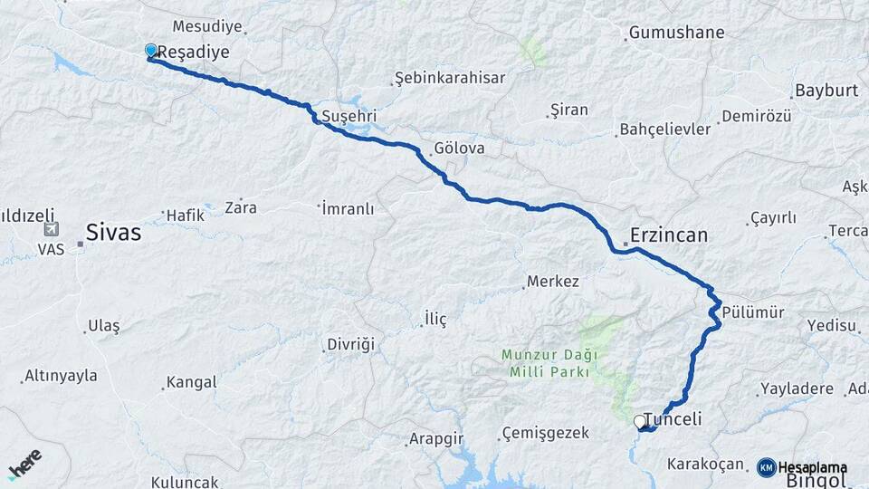 Tokat Reşadiye Tunceli Arası Kaç Km - Yol Haritası