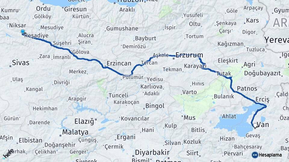 Tokat Reşadiye Van Arası Kaç Km - Yol Haritası