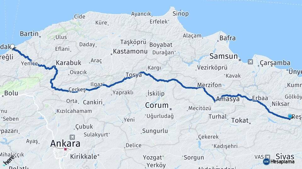 Tokat Reşadiye Zonguldak Arası Kaç Km - Yol Haritası