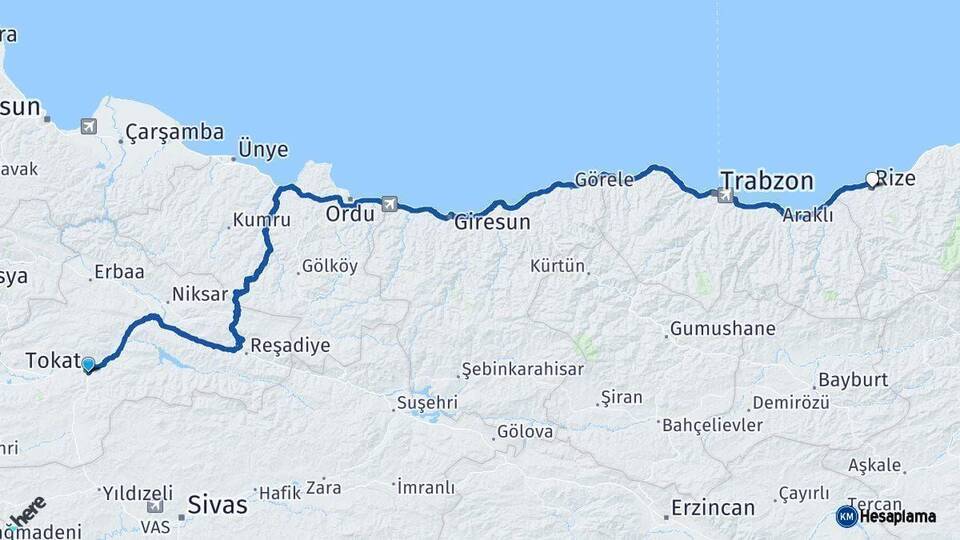 Tokat Rize Arası Kaç Km - Yol Haritası