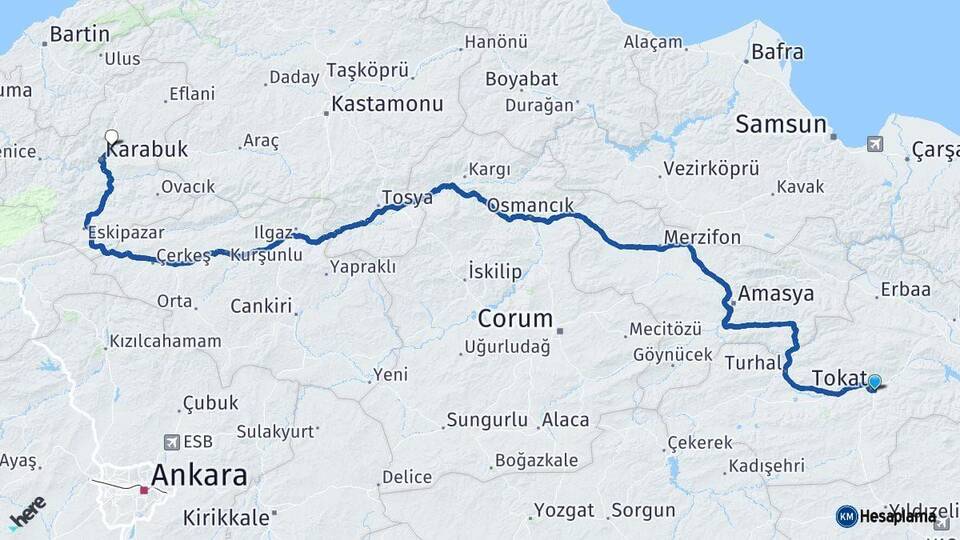 Tokat Safranbolu Karabük Arası Kaç Km - Yol Haritası