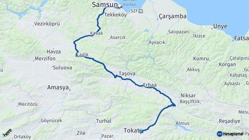 Tokat Samsun Arası Kaç Km - Yol Haritası