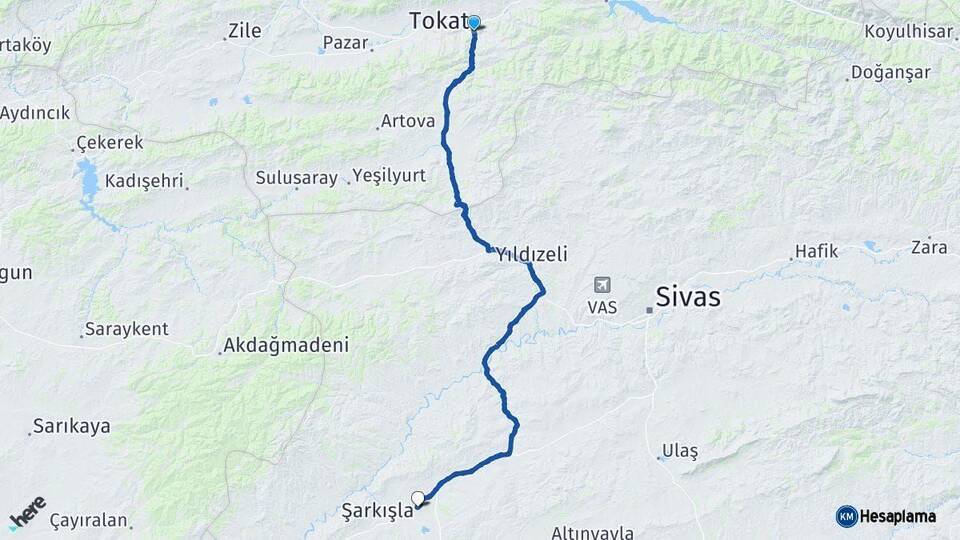 Tokat Şarkışla Sivas Arası Kaç Km - Yol Haritası