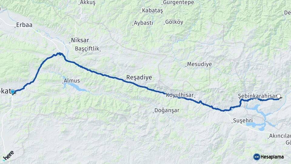 Tokat Şebinkarahisar Giresun Arası Kaç Km - Yol Haritası