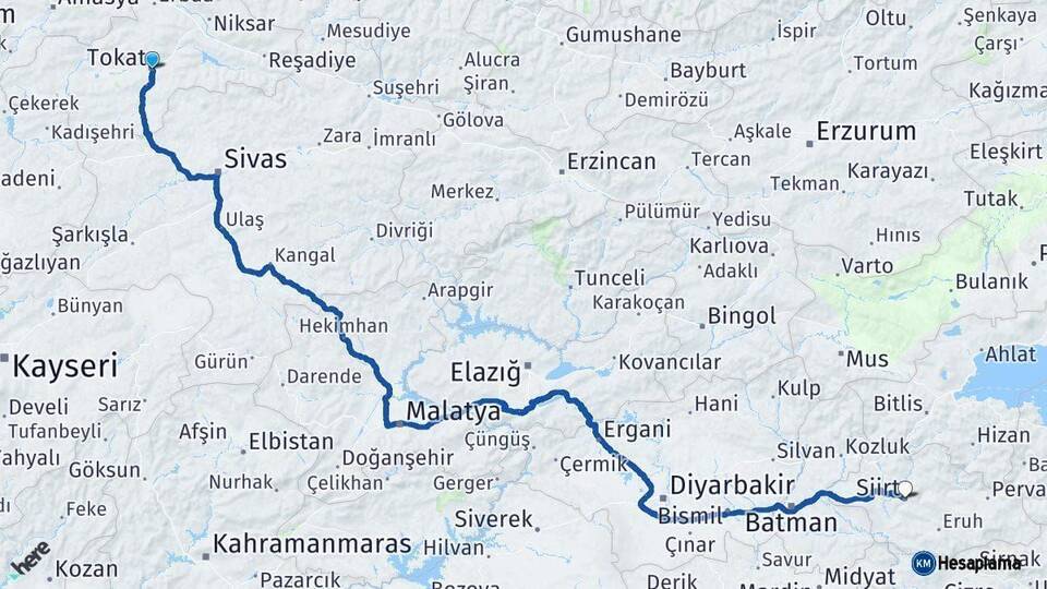 Tokat Siirt Arası Kaç Km - Yol Haritası