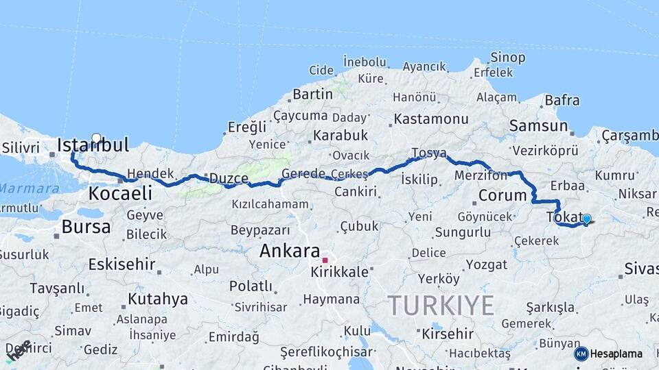 Tokat Şile İstanbul Arası Kaç Km - Yol Haritası