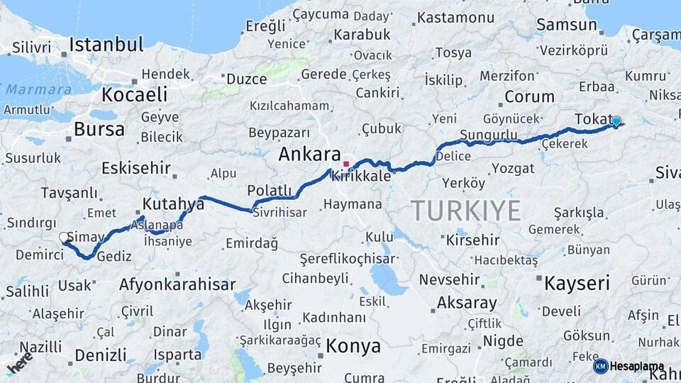 Tokat Simav Kütahya Arası Kaç Km - Yol Haritası
