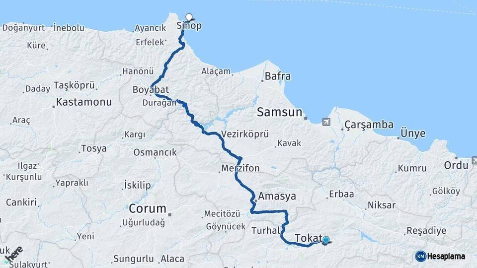 Tokat Sinop Arası Kaç Km - Yol Haritası