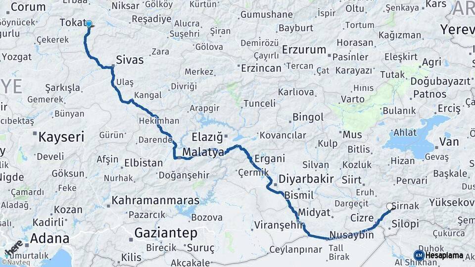 Tokat Şırnak Arası Kaç Km - Yol Haritası
