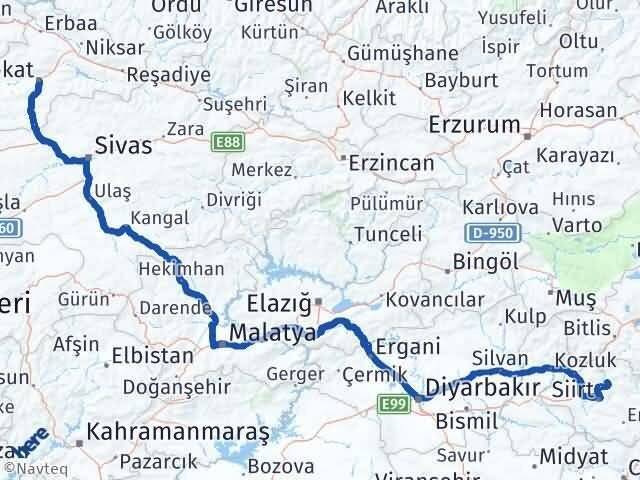Tokat Şirvan Siirt Arası Kaç Km - Yol Haritası