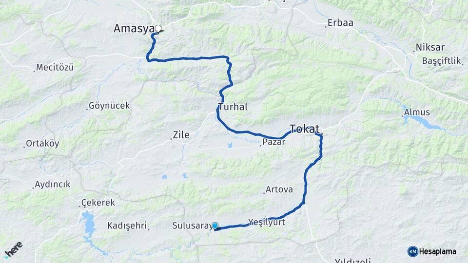 Tokat Sulusaray Amasya Arası Kaç Km - Yol Haritası