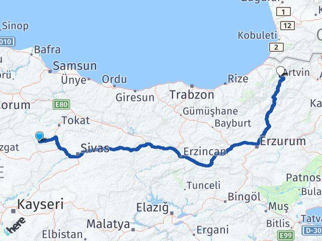 Tokat Sulusaray Artvin Arası Kaç Km - Yol Haritası
